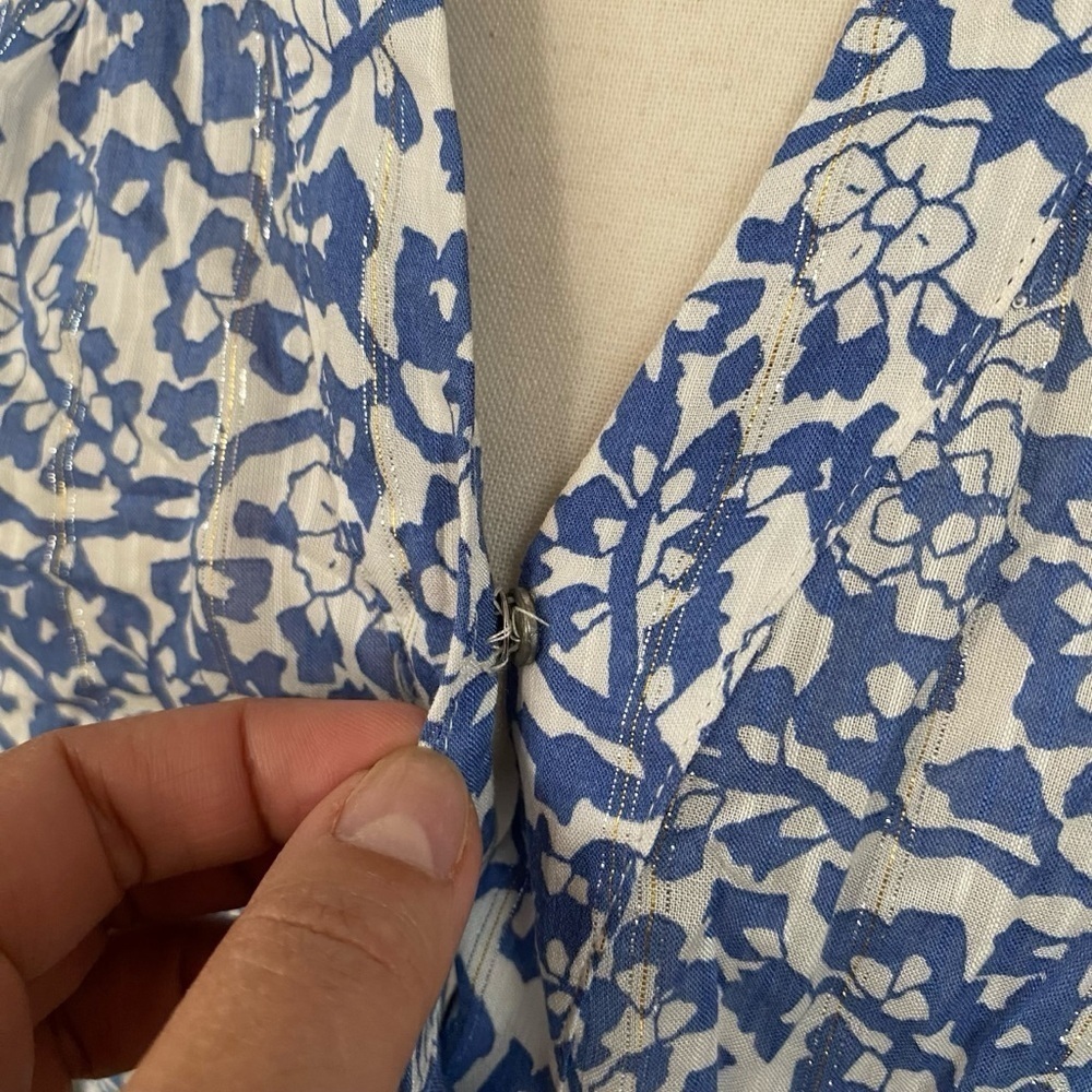 Maison 123 Loana Floral Metallic Blouse French 46 US XL Blue White - Picture 5 of 16